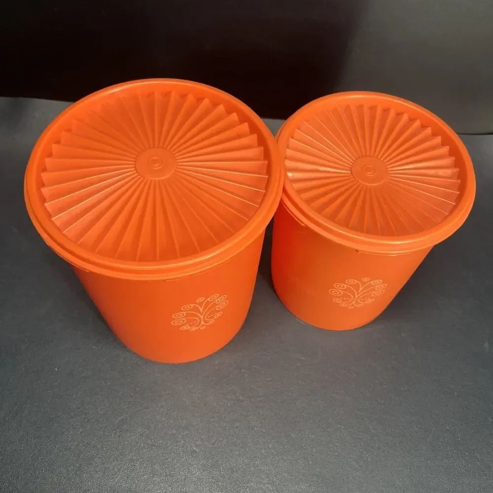 Vtg Harvest Orange Tupperware Servalier Nesting Canisters & Lids 807-7 809-10